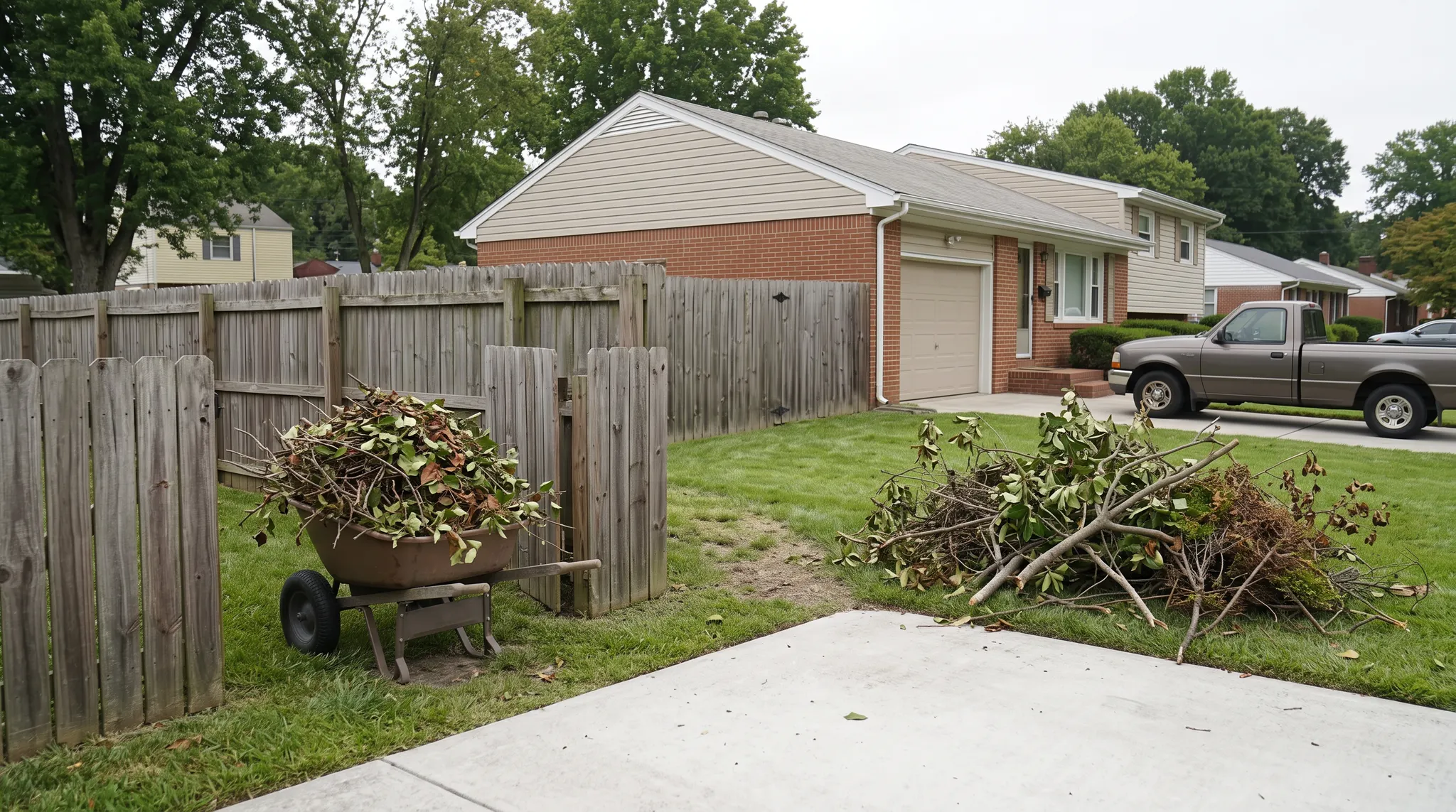 Illustration of branches in a wheelbarrow and a brush pile beside a narrow yard gate
