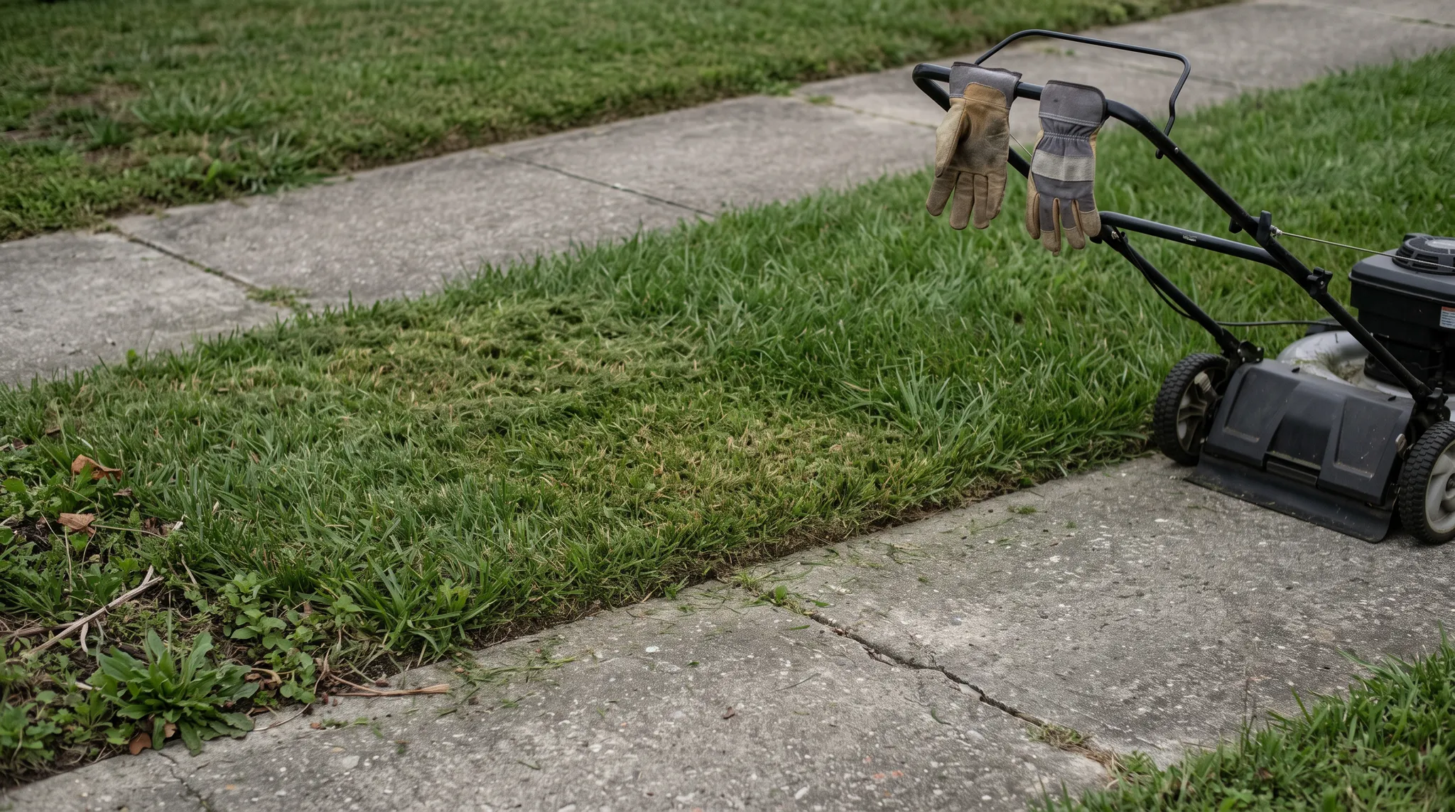Illustration of a mower and work gloves beside a residential lawn edge