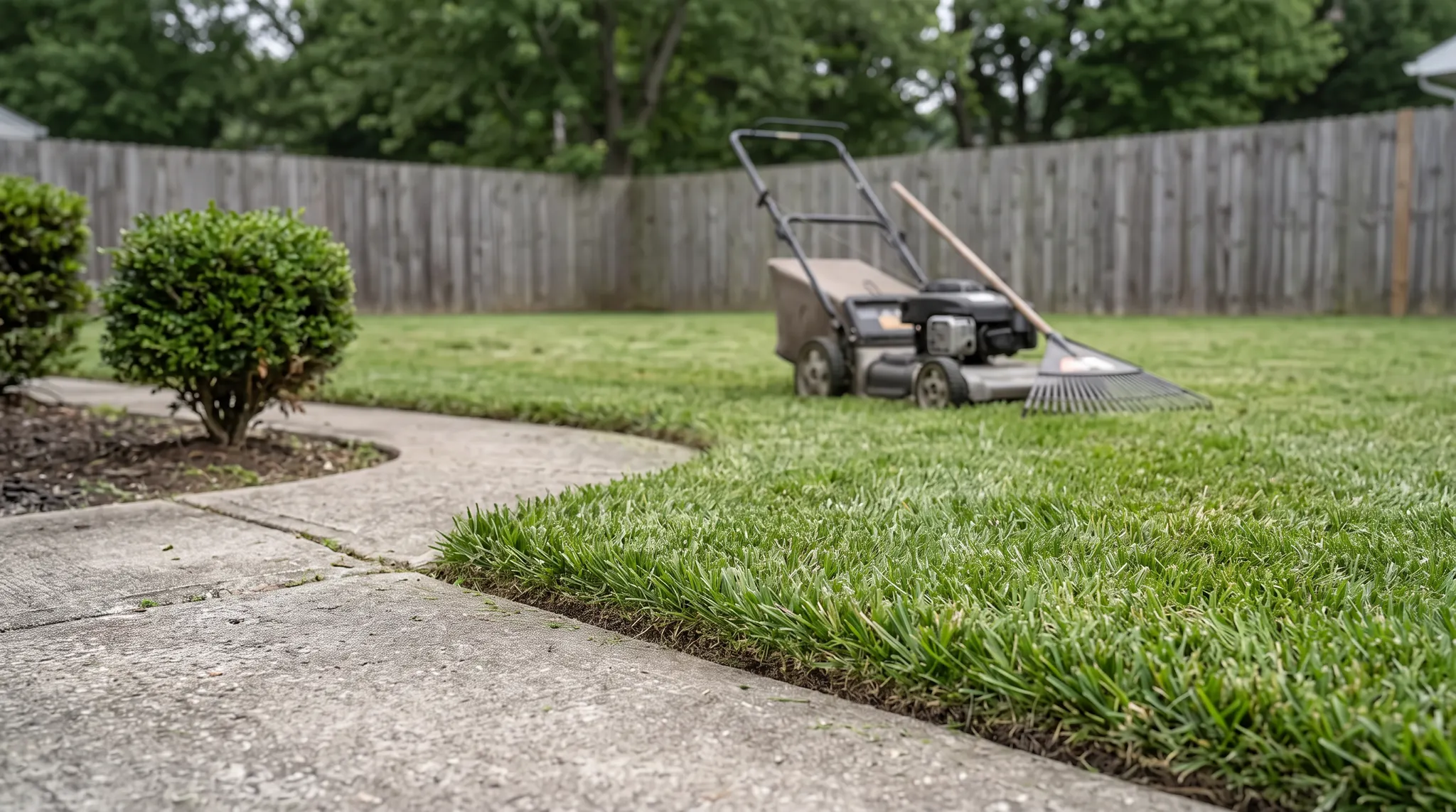 Lawn Care Services Hampton Roads Homeowners Actually Use - lawn care services Guide Illustration of edged grass, a shaped shrub, a mower, and a rake in a residential yard