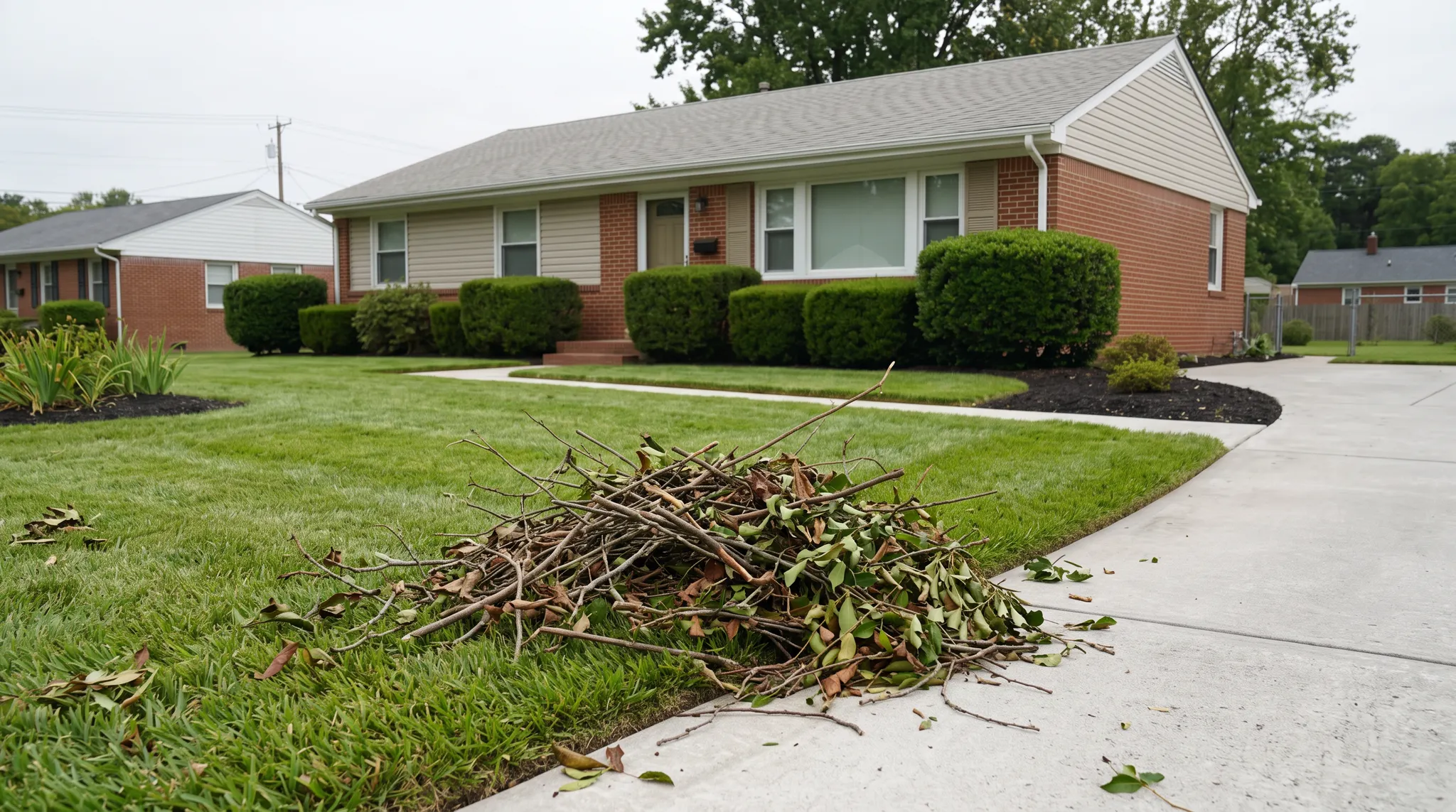 Illustration of a small pile of fallen branches and leaves beside a residential driveway