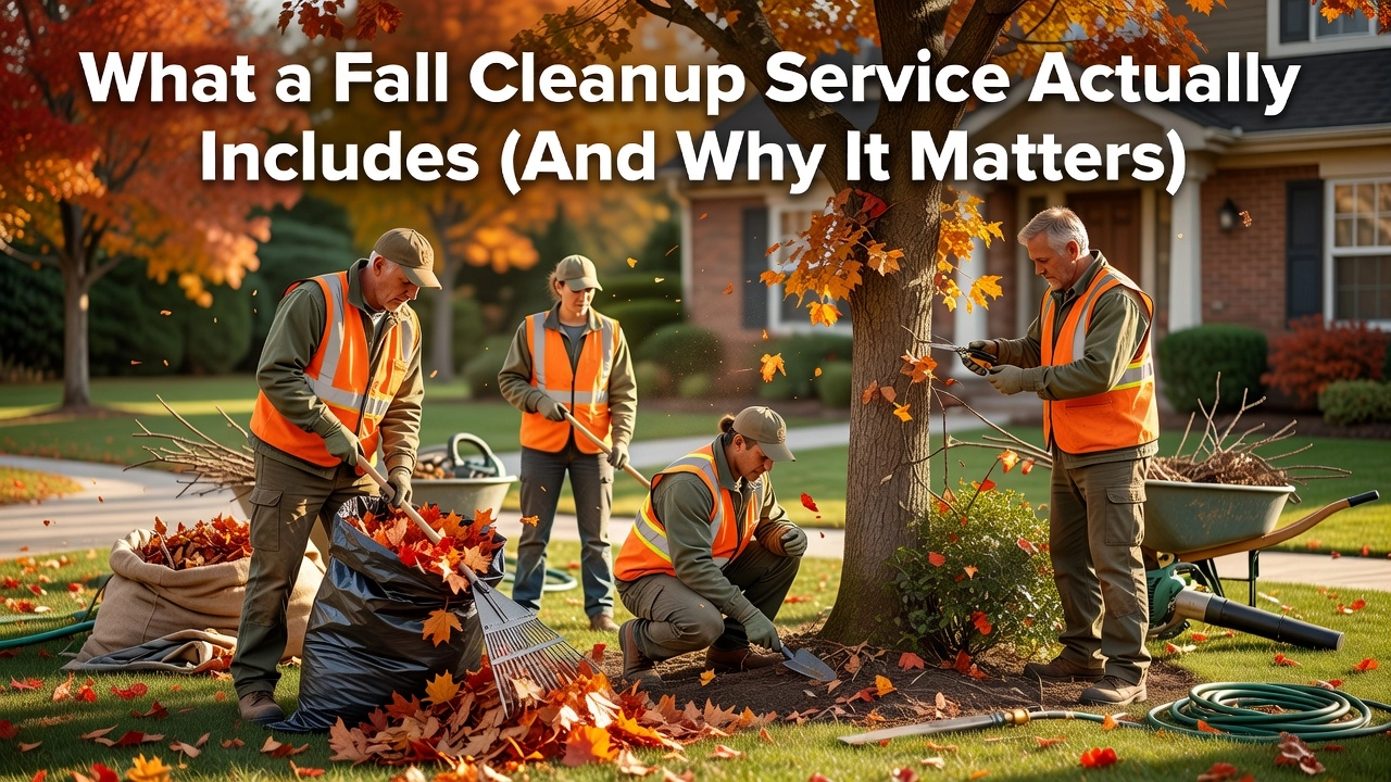 Professional header image for list-based article: What a Fall Cleanup Service Actually Includes (And Why It...