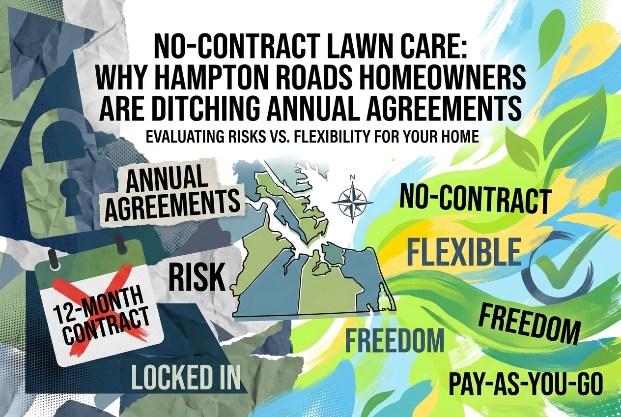 Professional header image for comparison analysis: No-Contract Lawn Care: Why Hampton Roads Homeowners Are D...