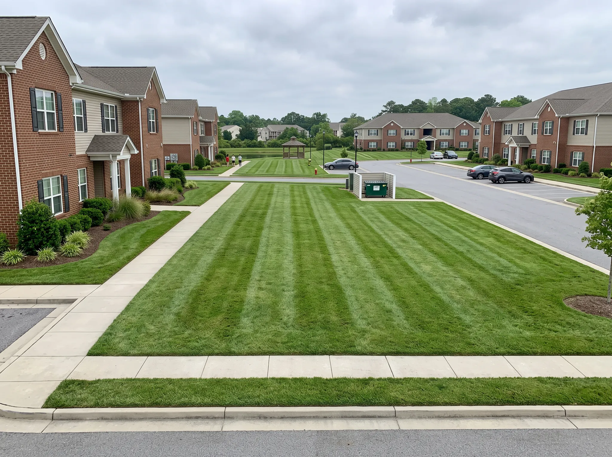Maintained lawns and walkways at a Hampton Roads apartment community
