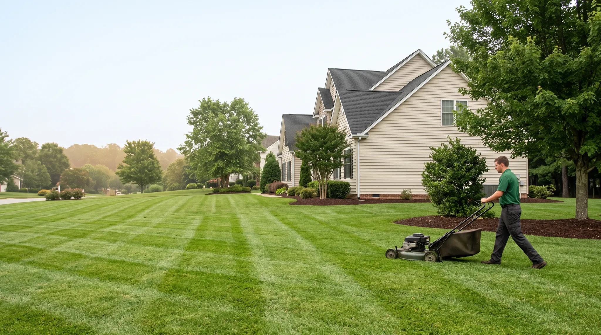 A lawn care professional mowing a well-kept Hampton Roads lawn
